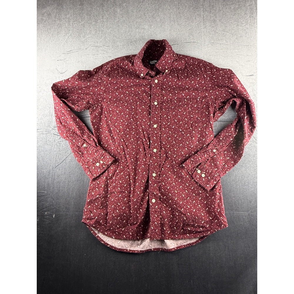 Lands End Mens Small Burgundy Paisley Button Down Long Sleeve Shirt Maroon